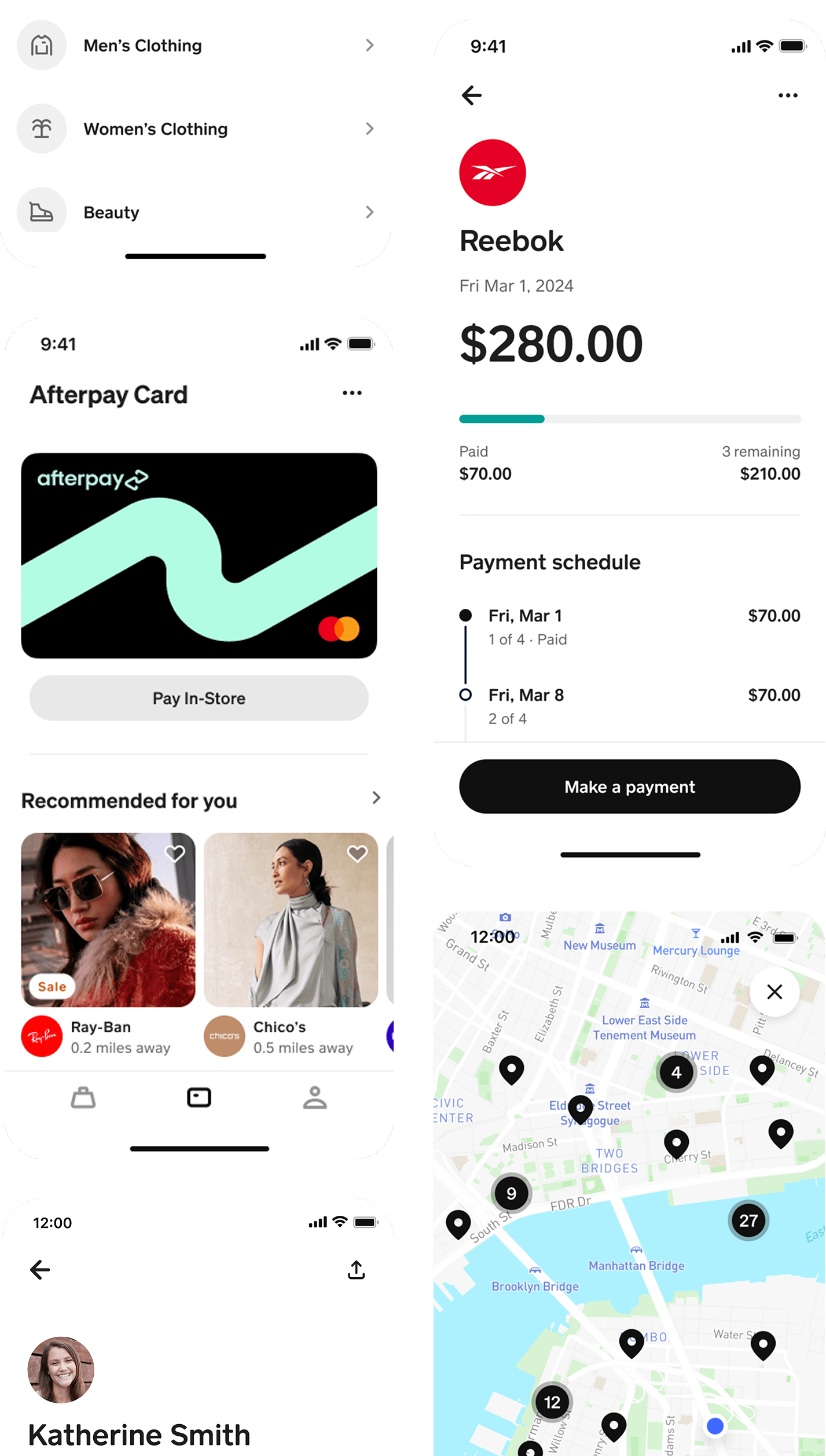 Afterpay app interfaces showing scale